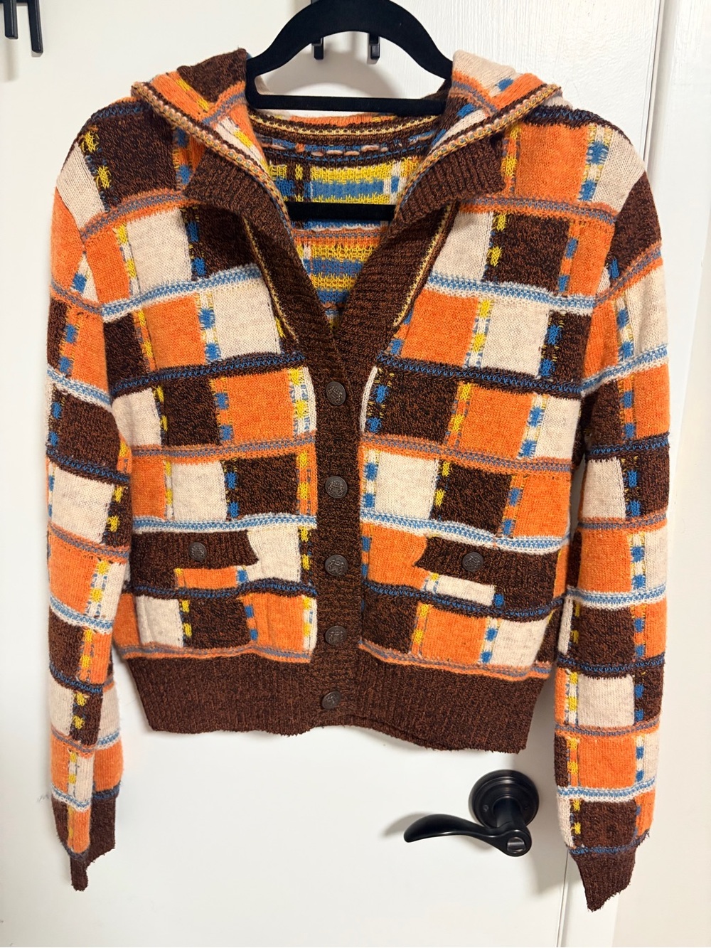 CHANEL Orange Brown Cream Patchwork Hooded Cardigan Sweater